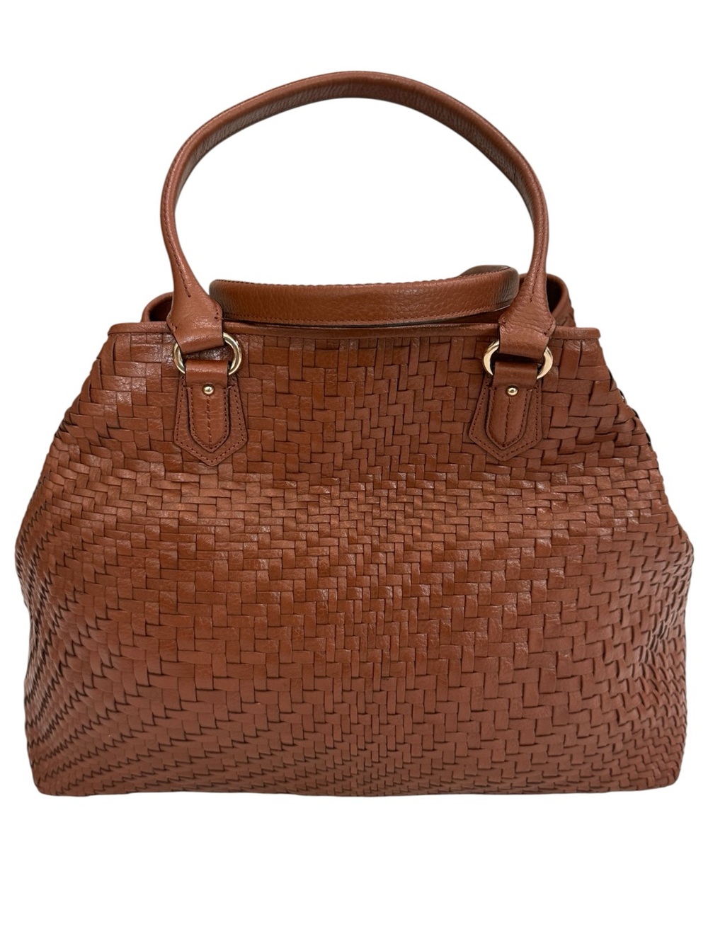 COLE HAAN Woven Authentic Leather Tote Bag in Cognac - Premium Women's Handbag